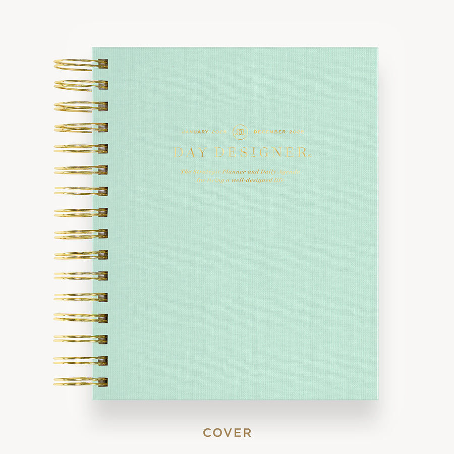 Day Designer 2025 mini daily planner: Sage Bookcloth hard cover, gold wire binding