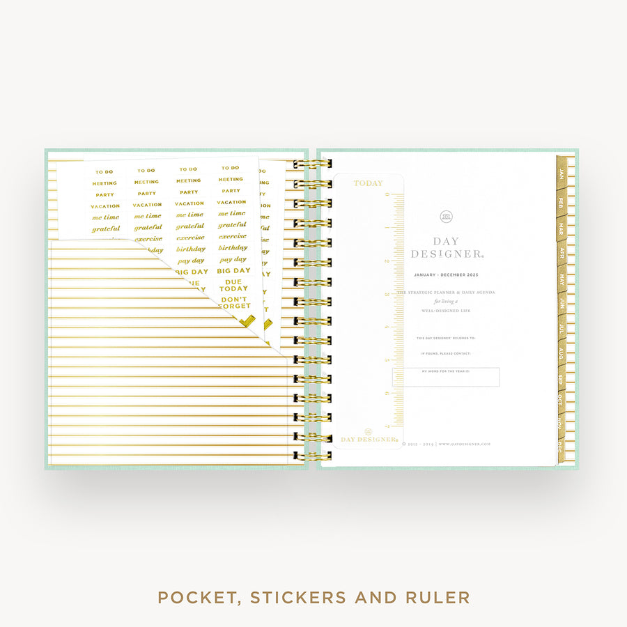 Day Designer 2025 mini daily planner: Sage Bookcloth cover with pocket and gold stickers