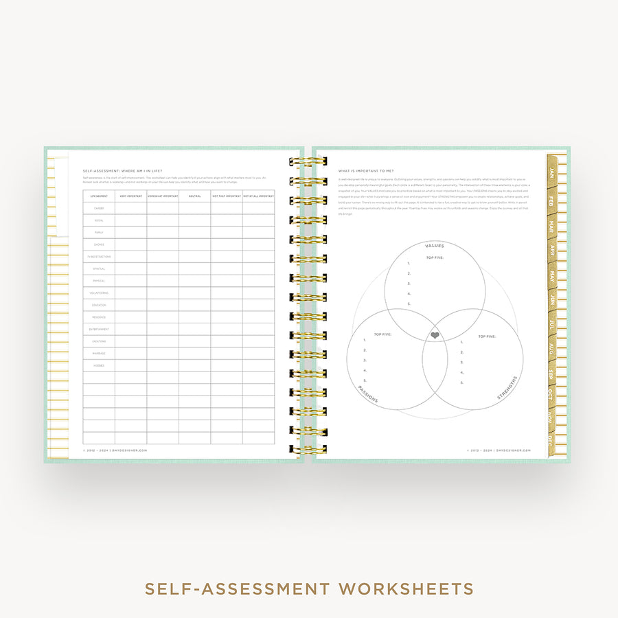 Day Designer 2025 mini daily planner: Sage Bookcloth cover with self assessment worksheet