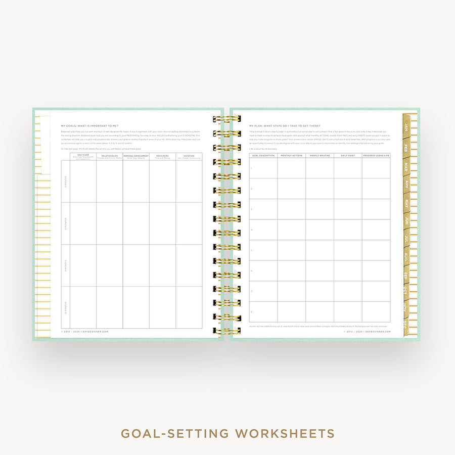 Day Designer 2025 mini daily planner: Sage Bookcloth cover with goals worksheet