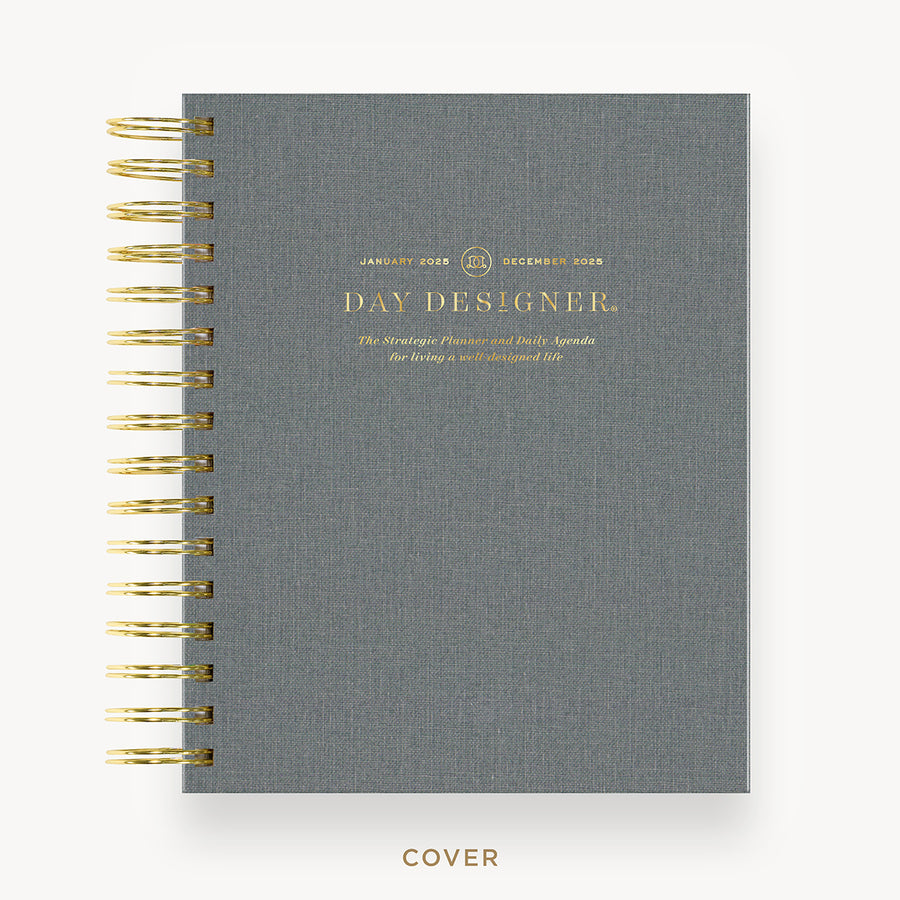 Day Designer 2025 mini daily planner: Charcoal Bookcloth hard cover, gold wire binding