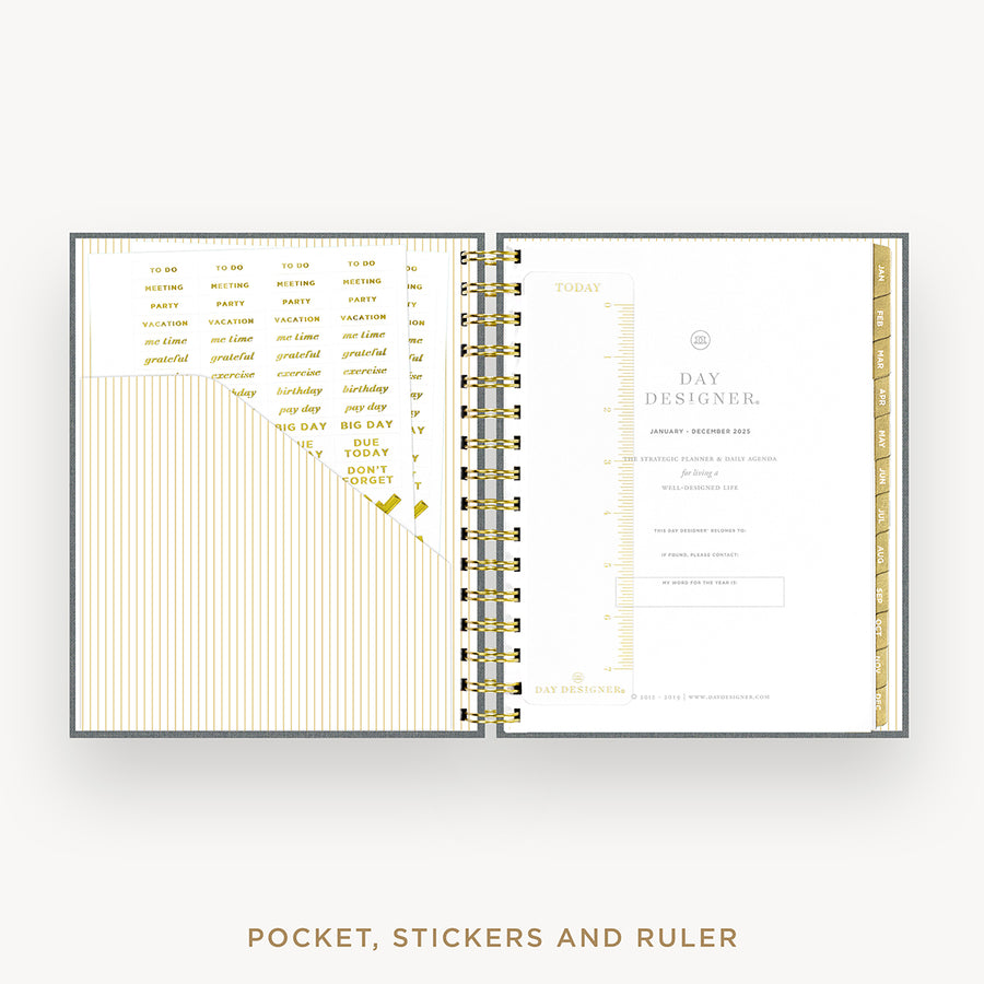 Day Designer 2025 mini daily planner: Charcoal Bookcloth cover with pocket and gold stickers