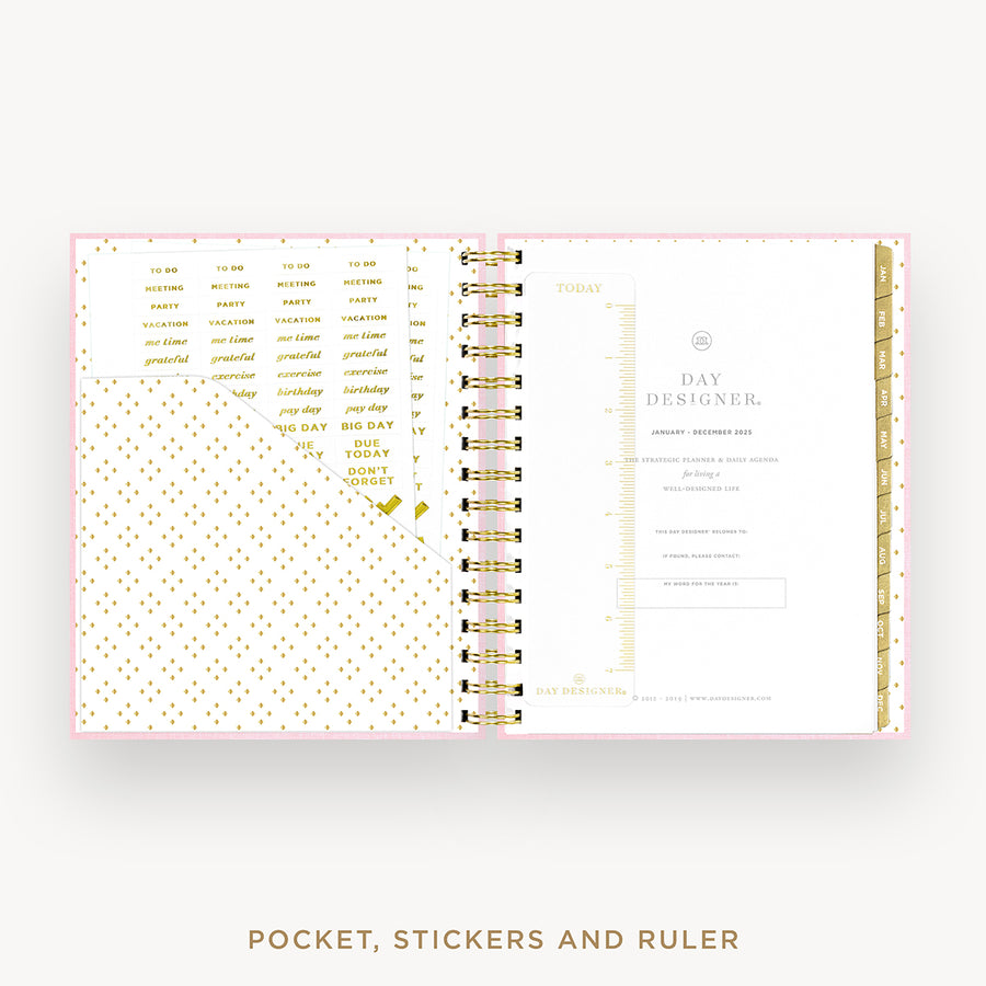 Day Designer 2025 mini daily planner: Peony Bookcloth cover with pocket and gold stickers