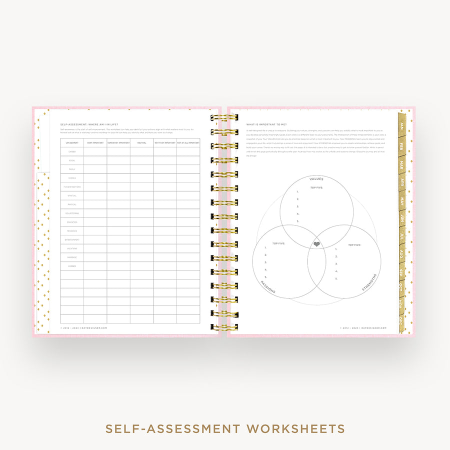 Day Designer 2025 mini daily planner: Peony Bookcloth cover with self assessment worksheet