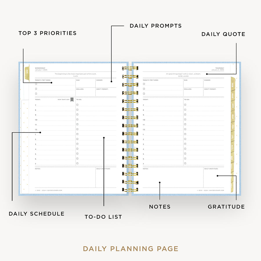 Day Designer 2025 mini daily planner: Chambray Bookcloth opened with captions of contents