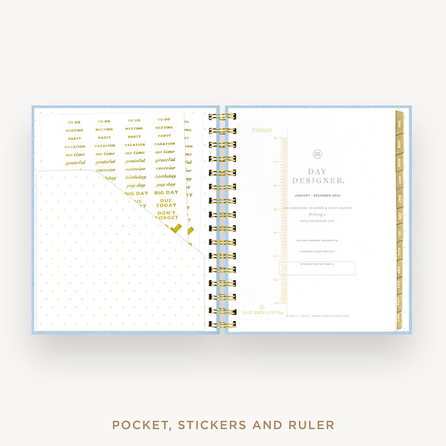 Day Designer 2025 mini daily planner: Chambray Bookcloth cover with pocket and gold stickers