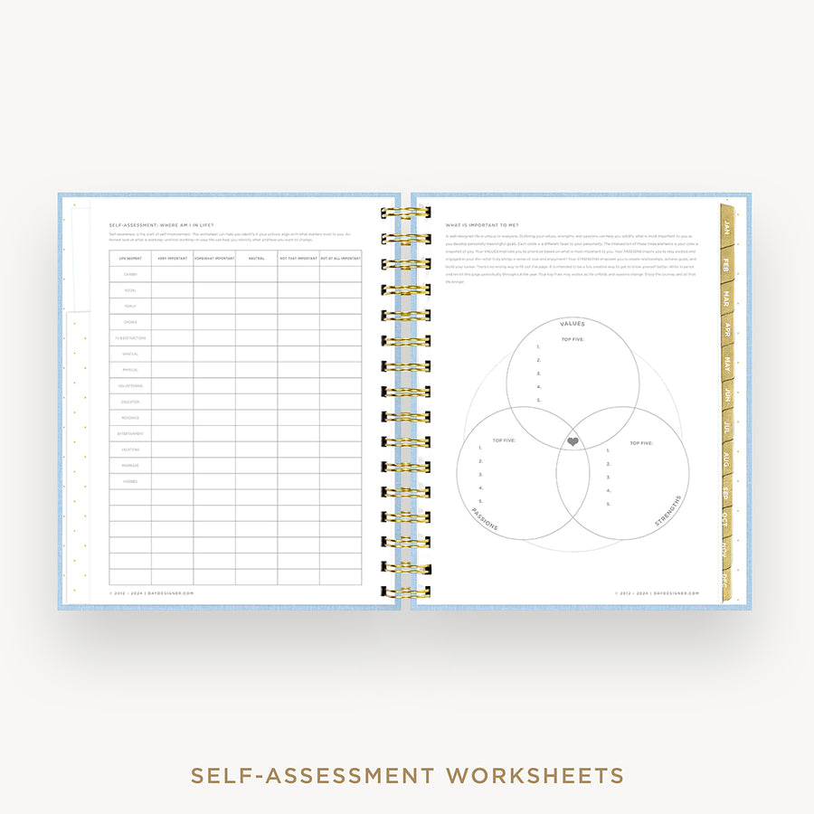 Day Designer 2025 mini daily planner: Chambray Bookcoloth cover with self assessment worksheet