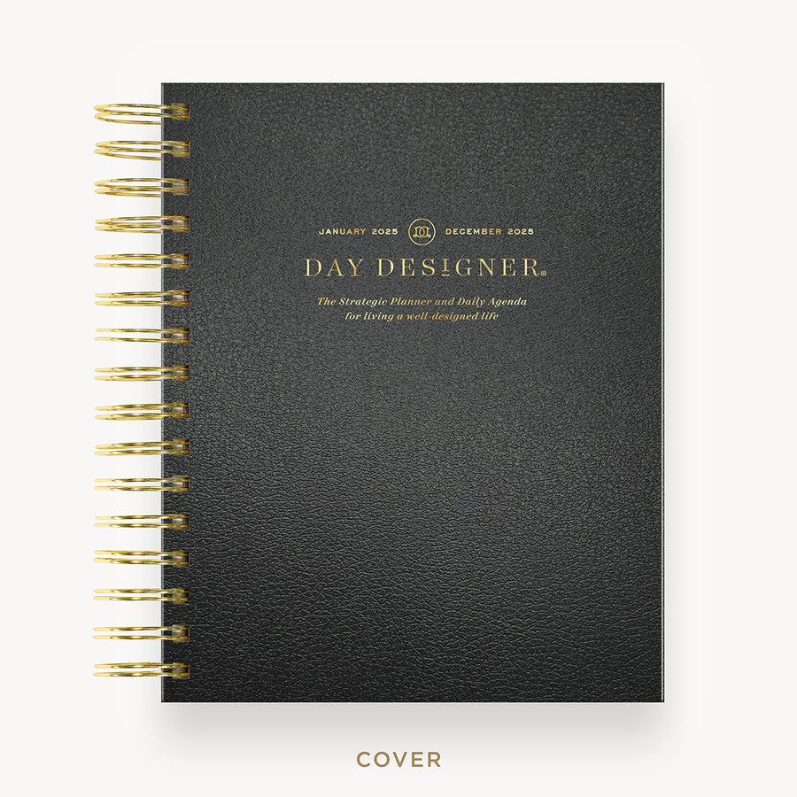 Day Designer 2025 mini daily planner: Classic Black Pebble Texture hard cover, gold wire binding