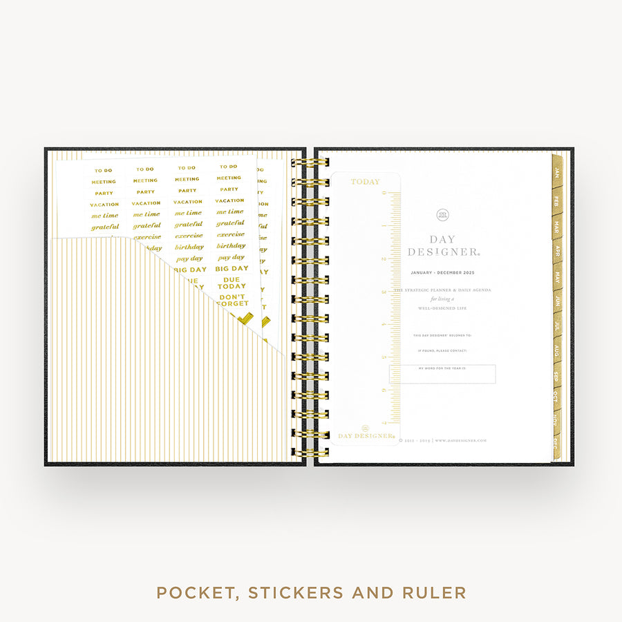 Day Designer 2025 mini daily planner: Classic Black Pebble Texture cover with pocket and gold stickers