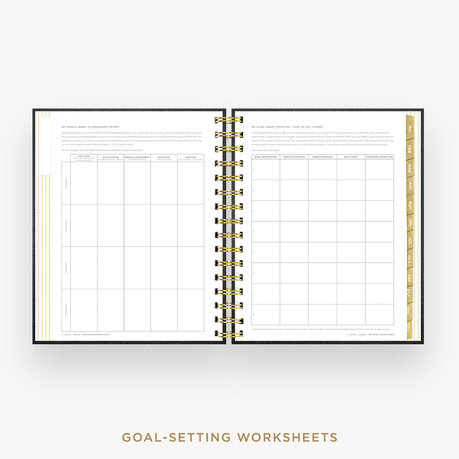 Day Designer 2025 mini daily planner: Classic Black Pebble Texture cover with goals worksheet