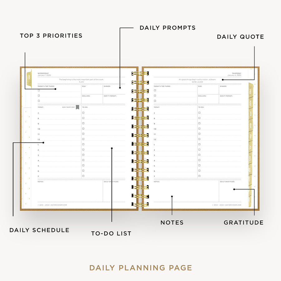 Day Designer 2025 mini daily planner: Caramel Latte Pebble Texture opened with captions of contents