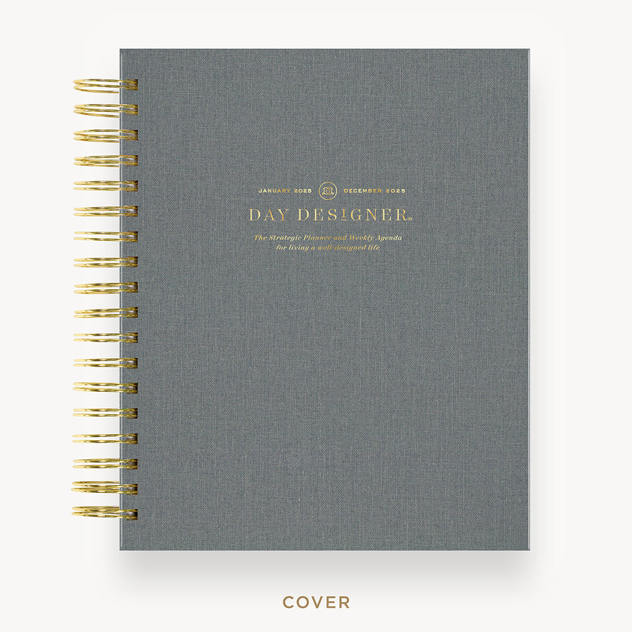 Day Designer 2025 weekly planner: Charcoal Bookcloth hard cover, gold wire binding