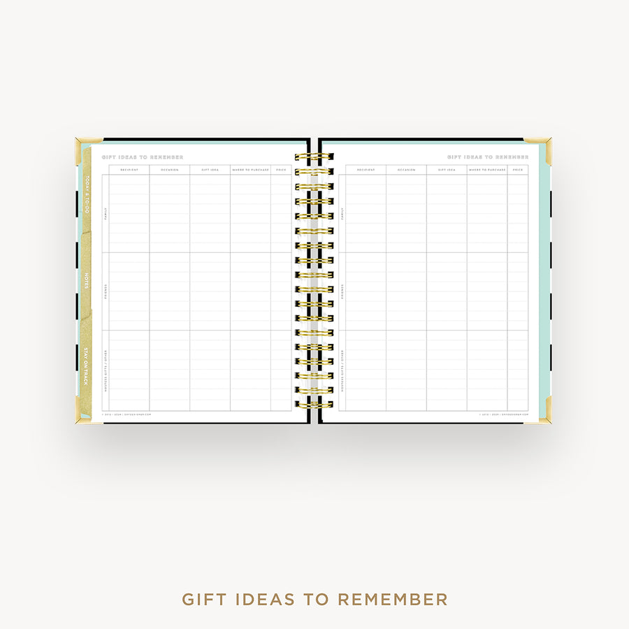 Day Designer 2025 weekly planner: Black Stripe cover with gift ideas pages