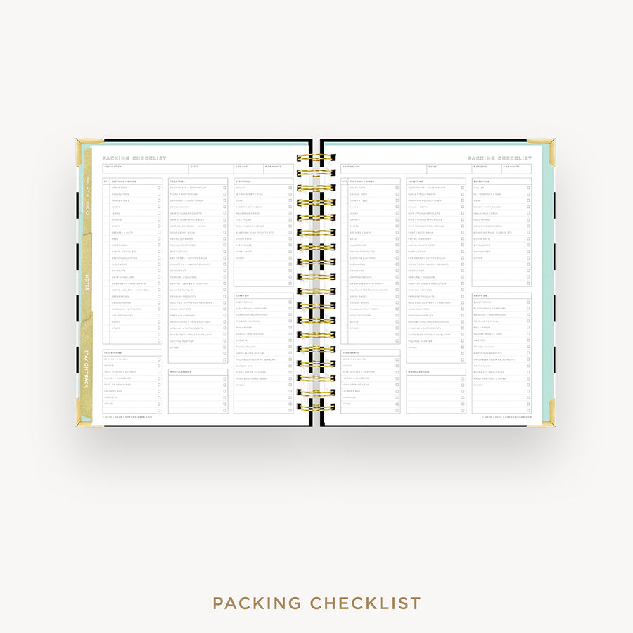 Day Designer 2025 weekly planner: Black Stripe cover with packing checklist