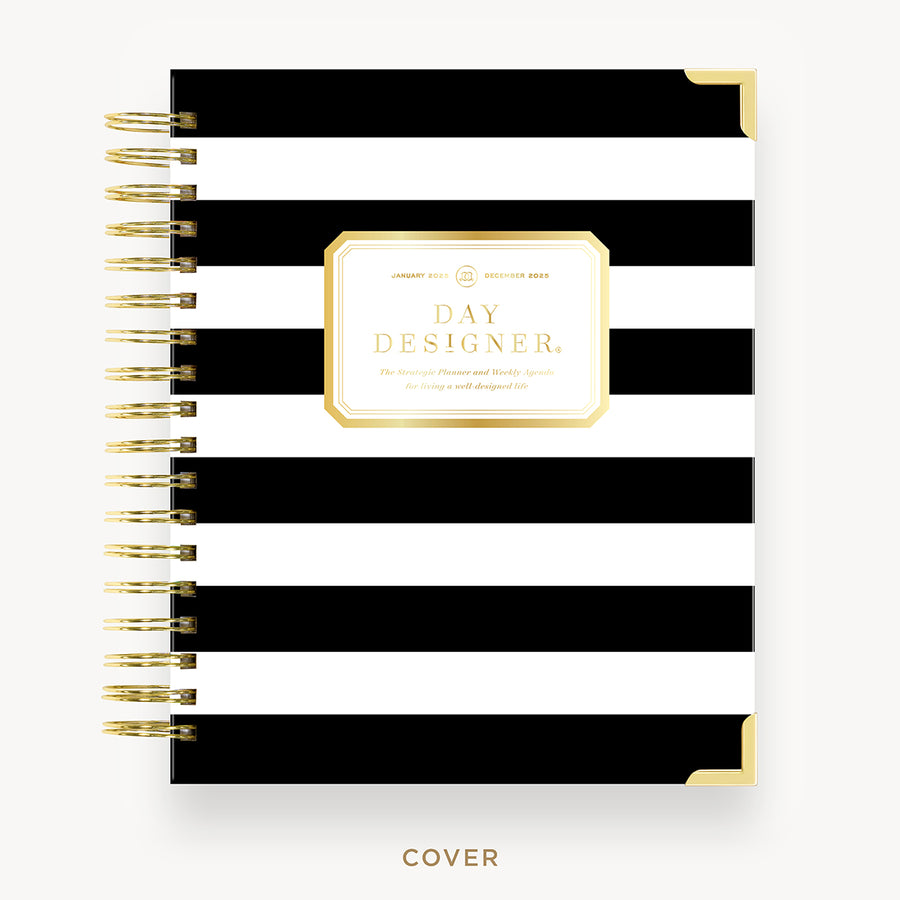 Day Designer 2025 weekly planner: Black Stripe hard cover, gold wire binding