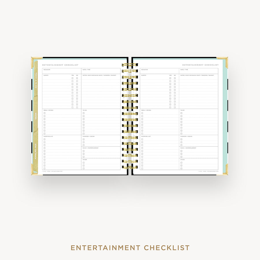 Day Designer 2025 weekly planner: Black Stripe cover with entertainment party planner