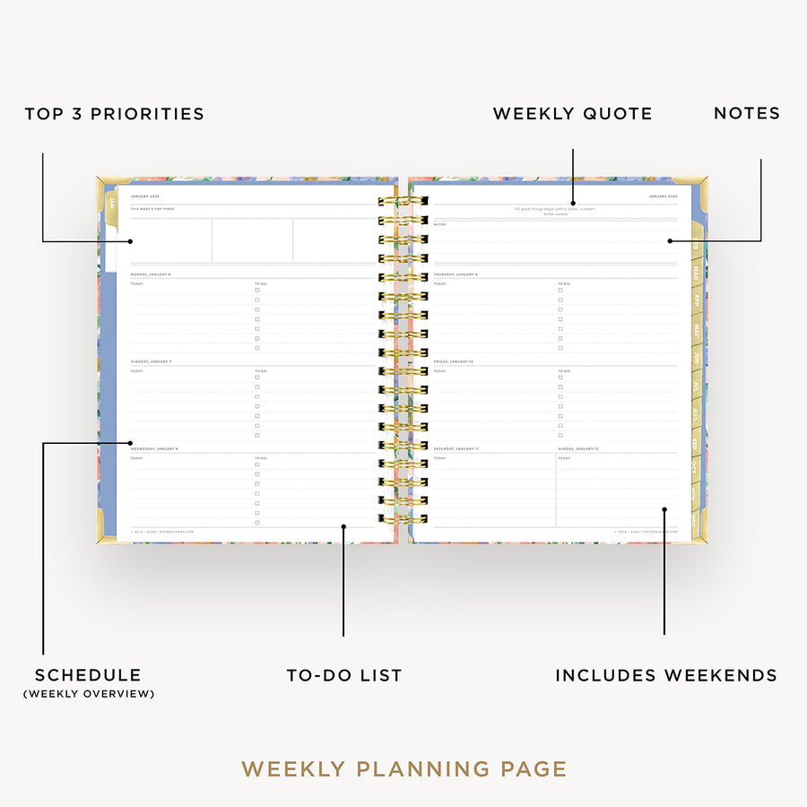 Day Designer 2025 weekly planner: Lorelei opened with captions of contents