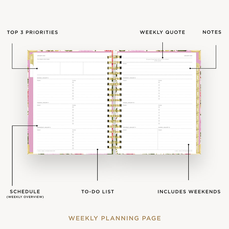 Day Designer 2025 weekly planner: Camellia opened with captions of contents