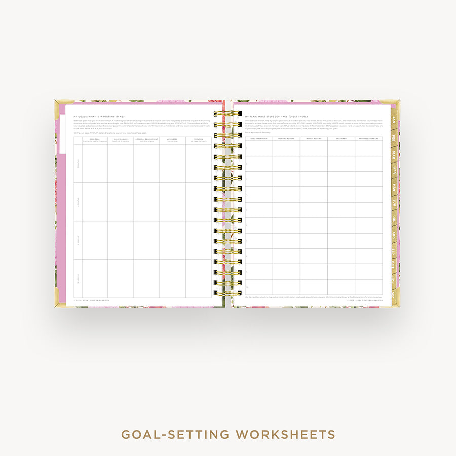 Day Designer 2025 weekly planner: Camellia cover with goals worksheet