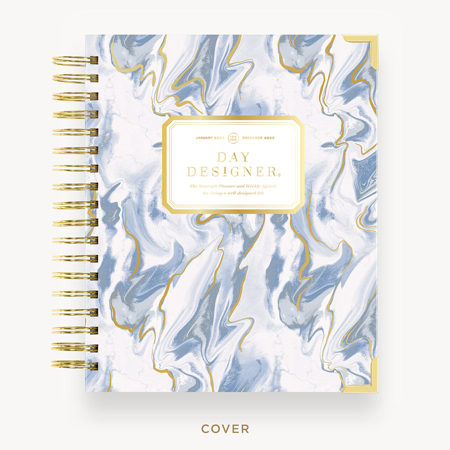 Day Designer 2025 weekly planner: Azure hard cover, gold wire binding