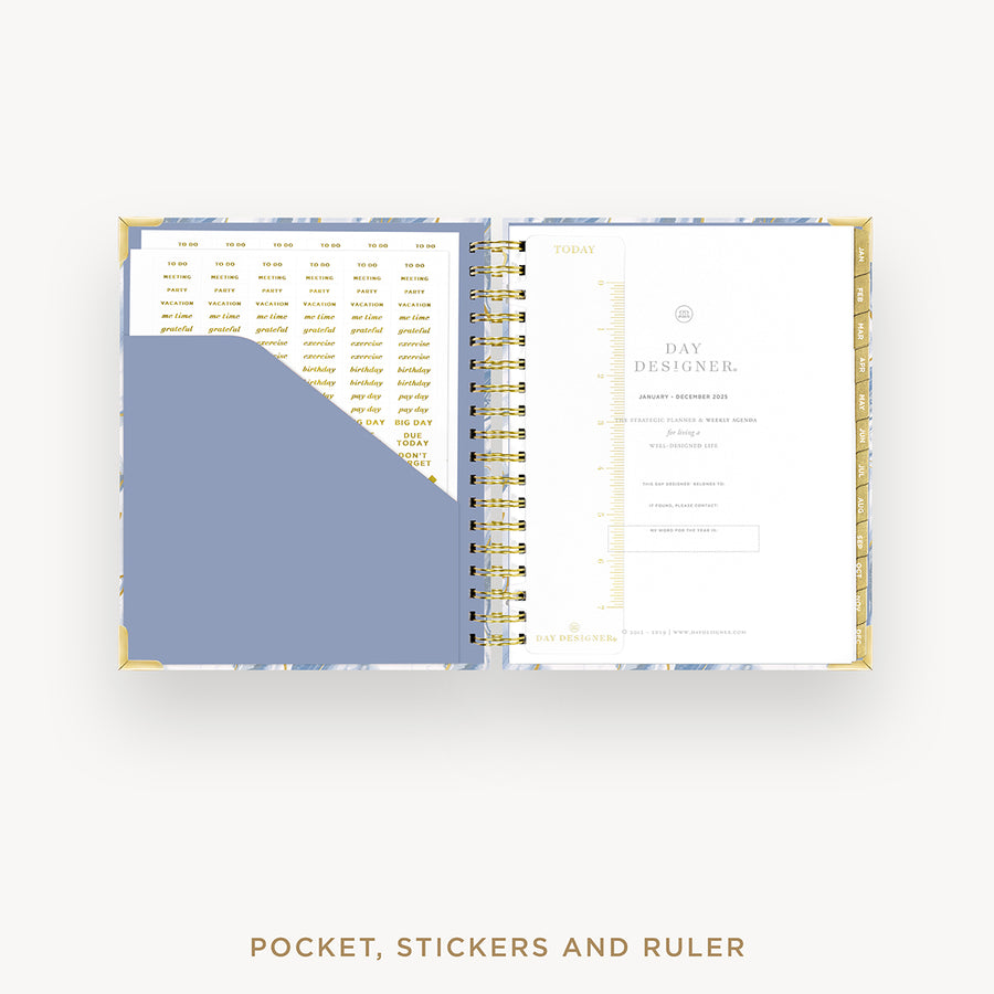 Day Designer 2025 weekly planner: Azure cover with pocket and gold stickers