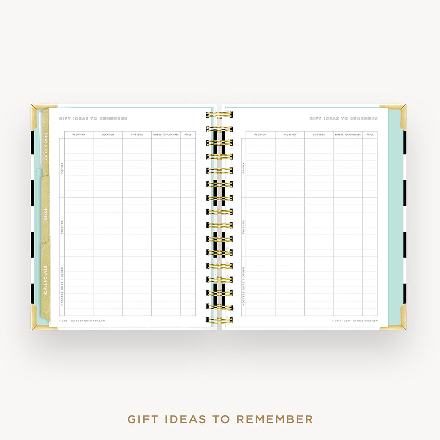 Day Designer 2025 mini weekly planner: Black Stripe cover with gift ideas pages