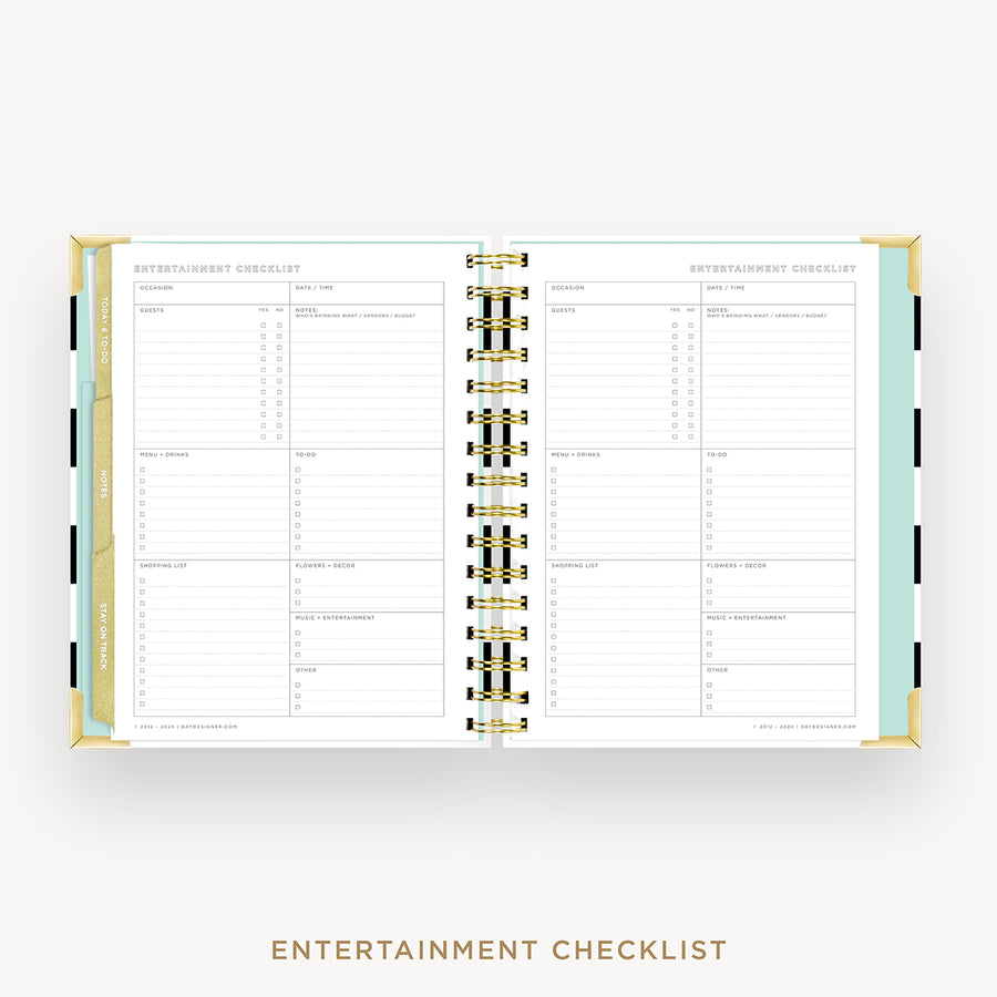 Day Designer 2025 mini weekly planner: Black Stripe cover with entertainment party planner