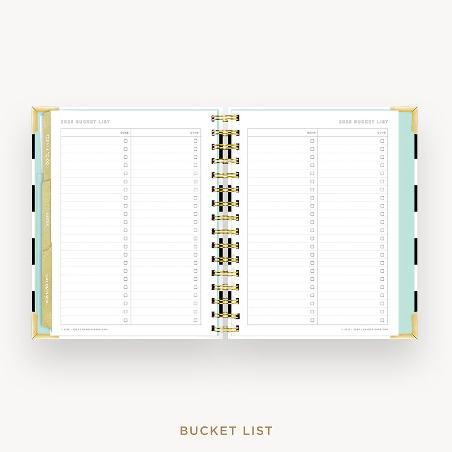 Day Designer 2025 mini weekly planner: Black Stripe cover with bucket list