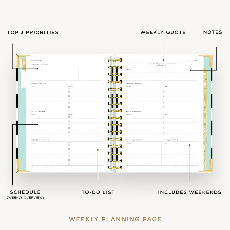 Day Designer 2025 mini weekly planner: Black Stripe opened with captions of contents