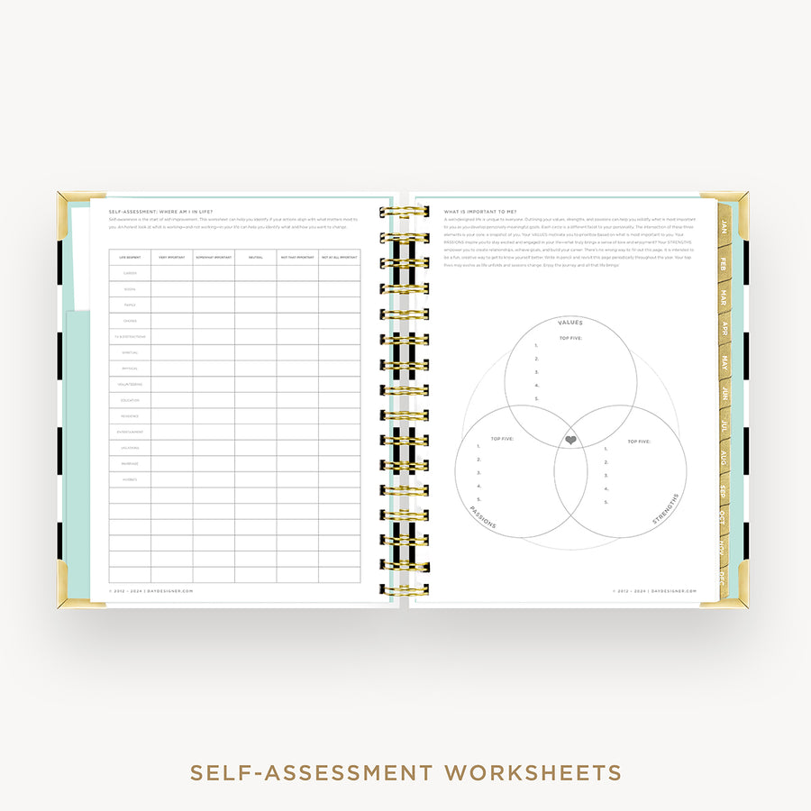 Day Designer 2025 mini weekly planner: Black Stripe cover with self assessment worksheet