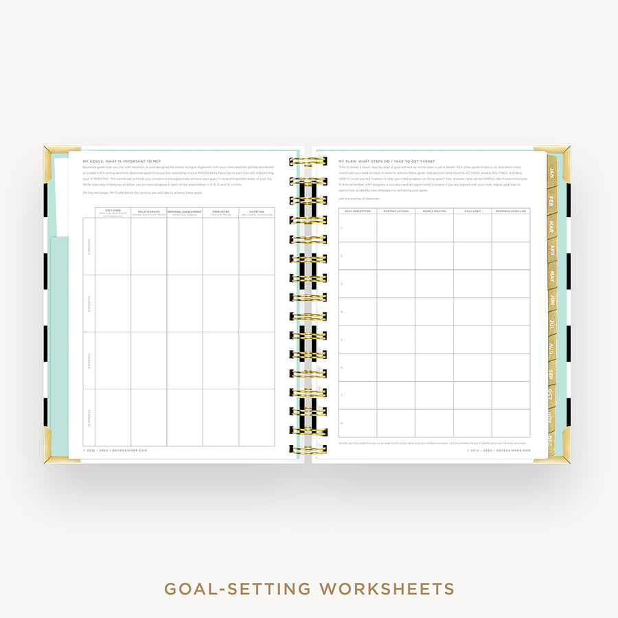 Day Designer 2025 mini weekly planner: Black Stripe cover with goals worksheet