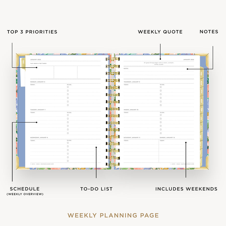 Day Designer 2025 mini weekly planner: Lorelei opened with captions of contents