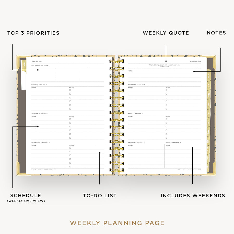 Day Designer 2025 mini weekly planner: Savannah opened with captions of contents