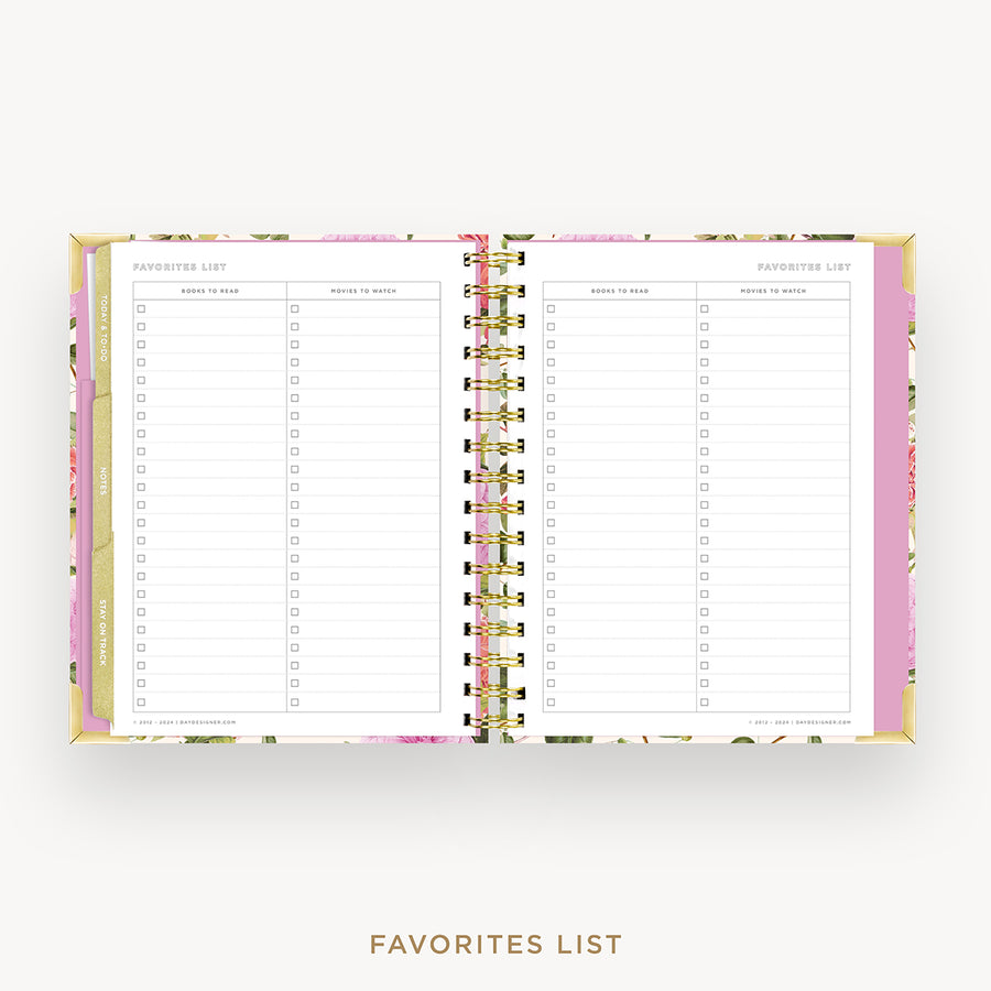 Day Designer 2025 mini weekly planner: Camellia cover with favorite books and movies pages