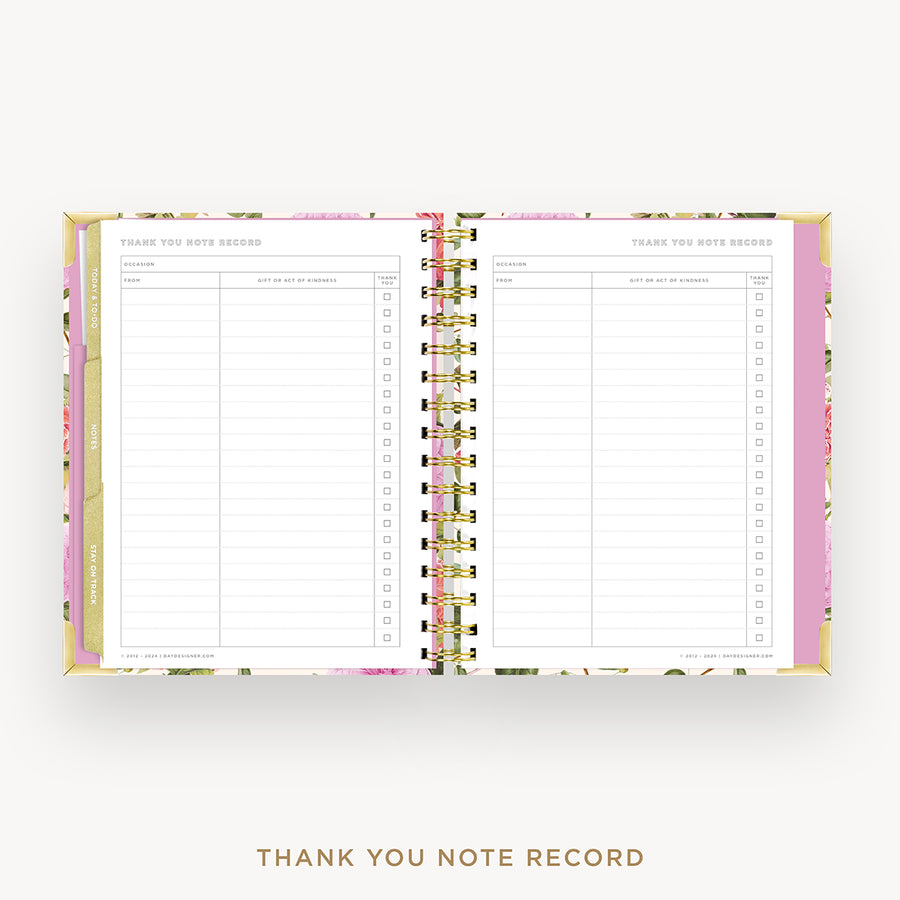 Day Designer 2025 mini weekly planner: Camellia cover with thank you notes pages