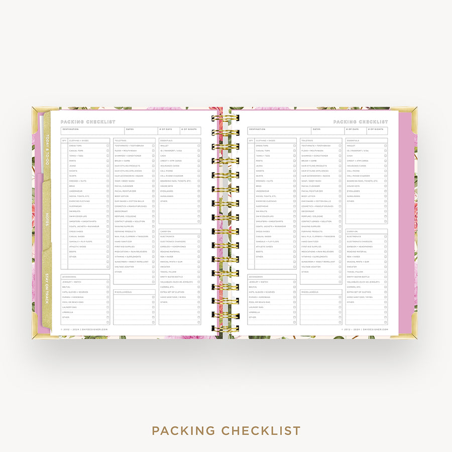 Day Designer 2025 mini weekly planner: Camellia cover with packing checklist