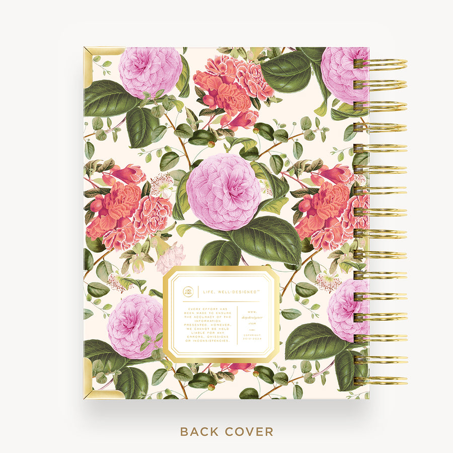 Day Designer 2025 mini weekly planner: Camellia cover with back cover with gold detail