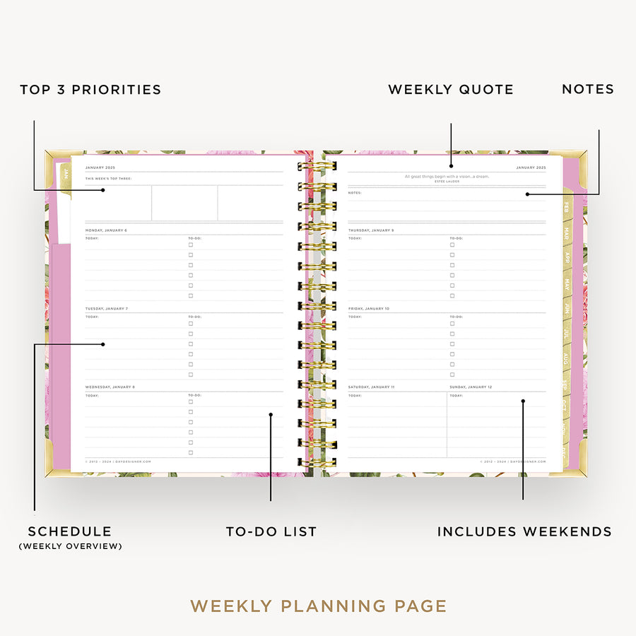 Day Designer 2025 mini weekly planner: Camellia opened with captions of contents