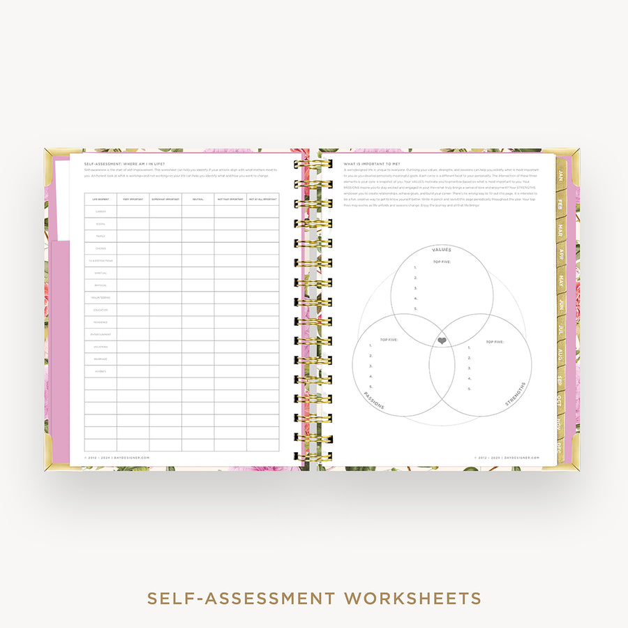 Day Designer 2025 mini weekly planner: Camellia cover with self assessment worksheet