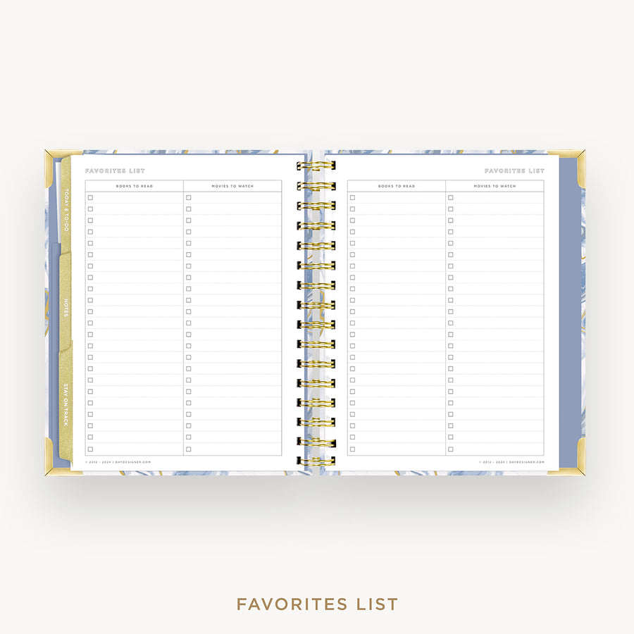 Day Designer 2025 mini weekly planner: Azure cover with favorite books and movies pages