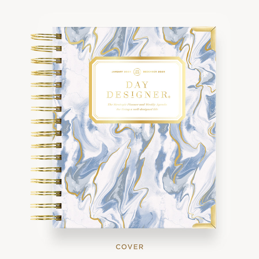 Day Designer 2025 mini weekly planner: Azure hard cover, gold wire binding