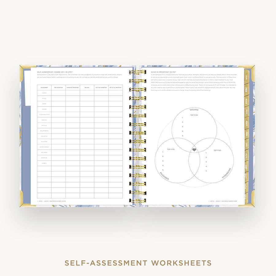 Day Designer 2025 mini weekly planner: Azure cover with self assessment worksheet