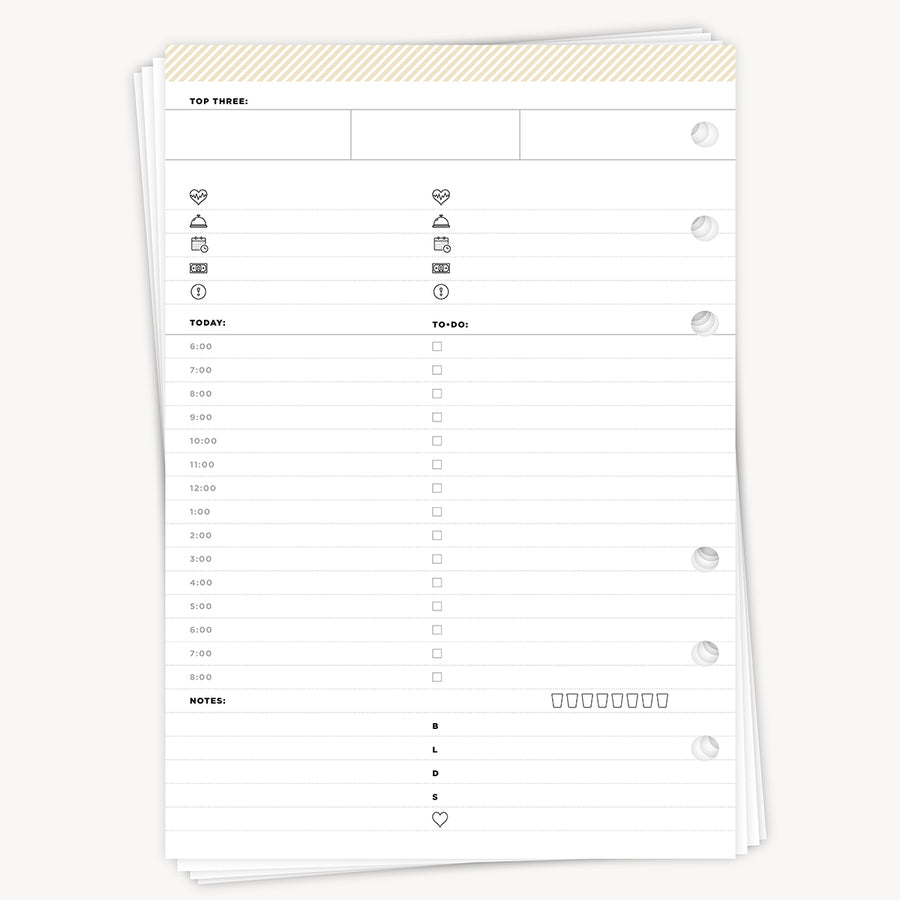 daily planning page with top three, today and to-do columns, and lined notes