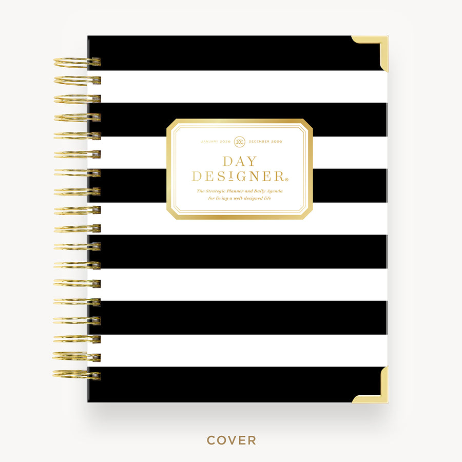 Day Designer 2026 daily planner: black stripe hard cover, gold wire binding