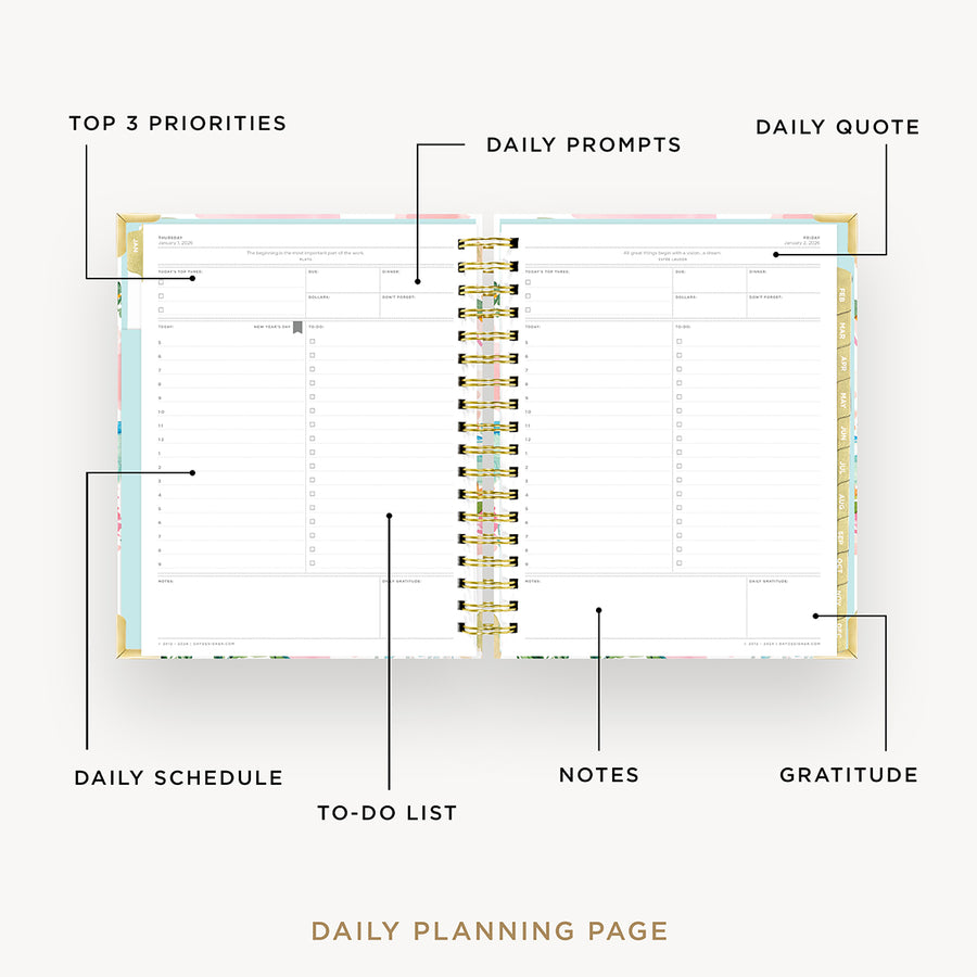 Day Designer 2026 daily planner: capri opened with captions of contents