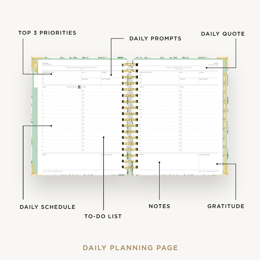 Day Designer 2026 daily planner: vintage floral opened with captions of contents