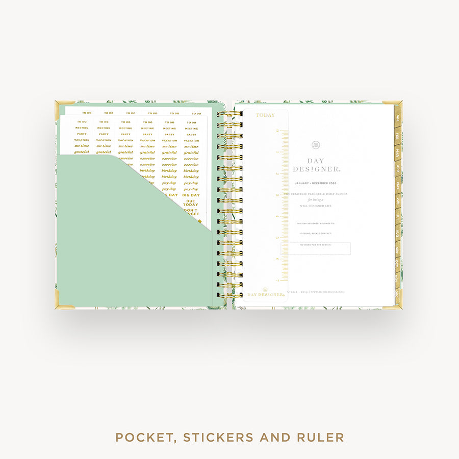 Day Designer 2026 daily planner: vintage floral cover with pocket and gold stickers