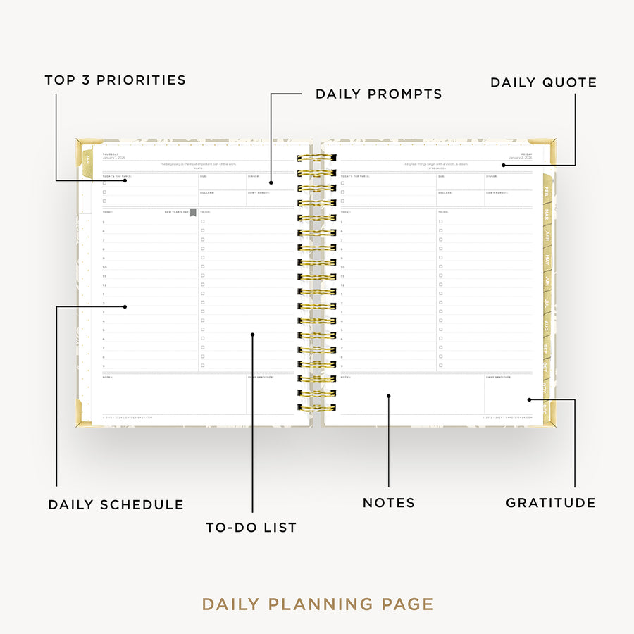 Day Designer 2026 daily planner: silhouette opened with captions of contents