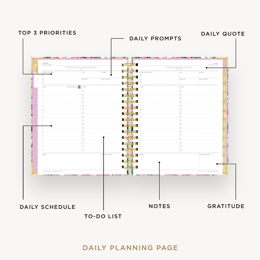 Day Designer 2026 daily planner: ula bloom opened with captions of contents