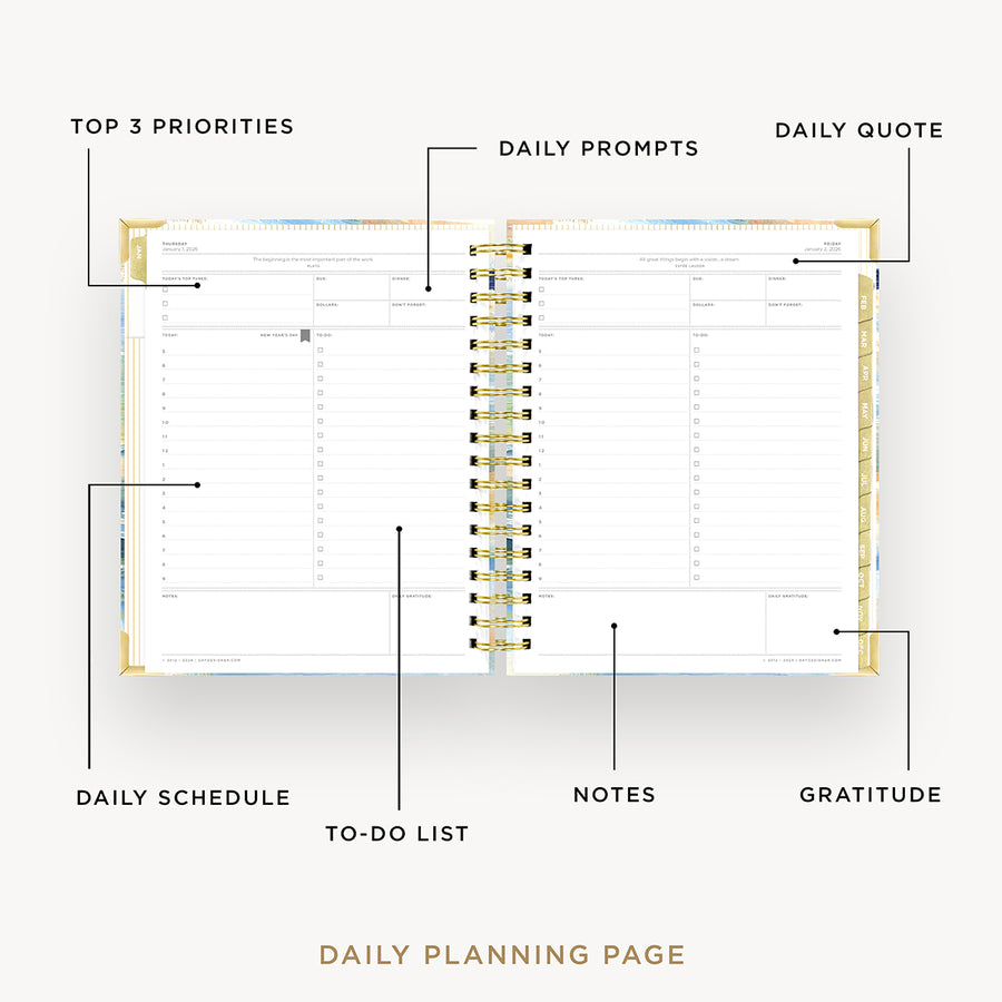 Day Designer 2026 daily planner: sea and sky opened with captions of contents
